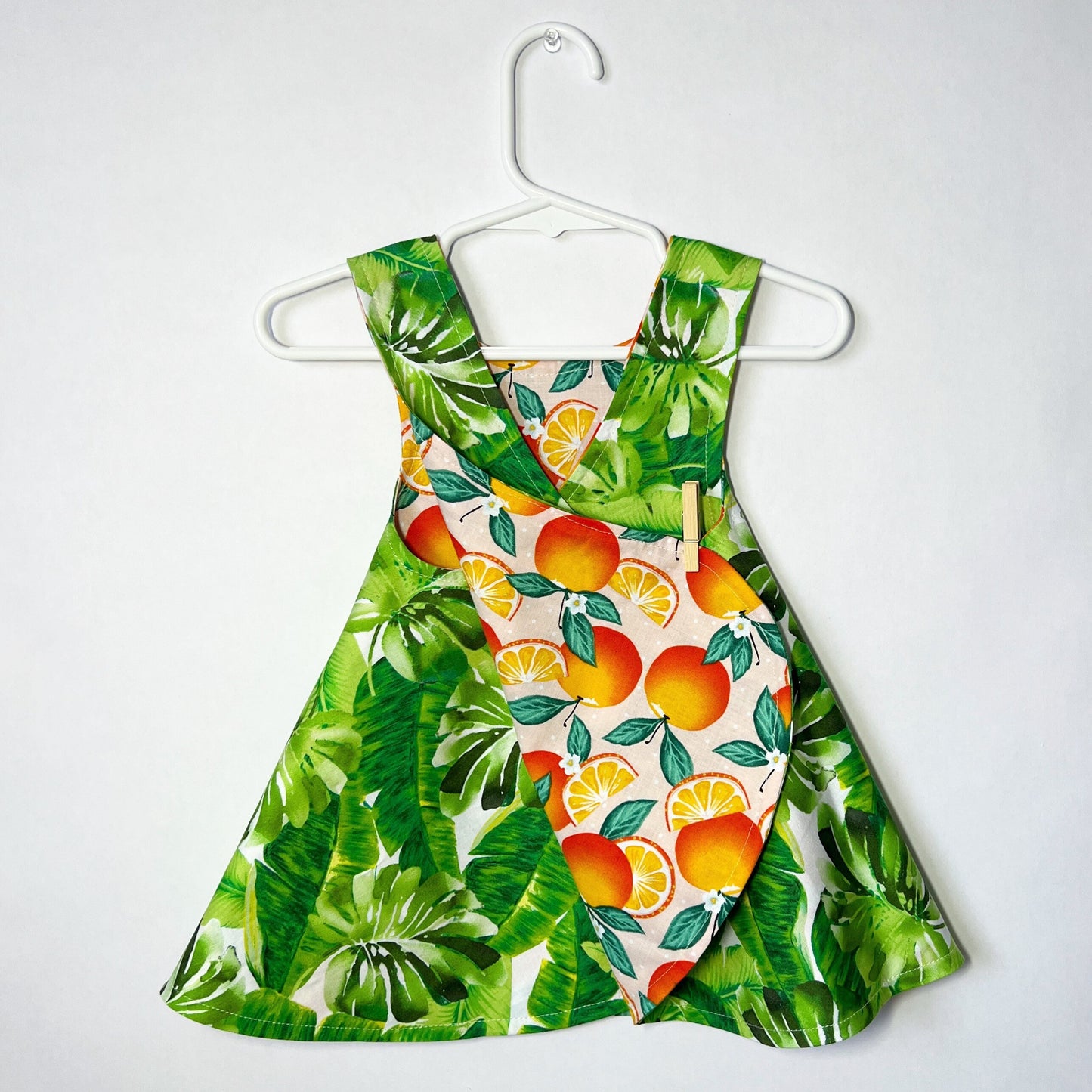 Reversible cotton dress “Oranges and Tropical leaves”