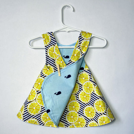 Reversible cotton dress "Lemons and whales"