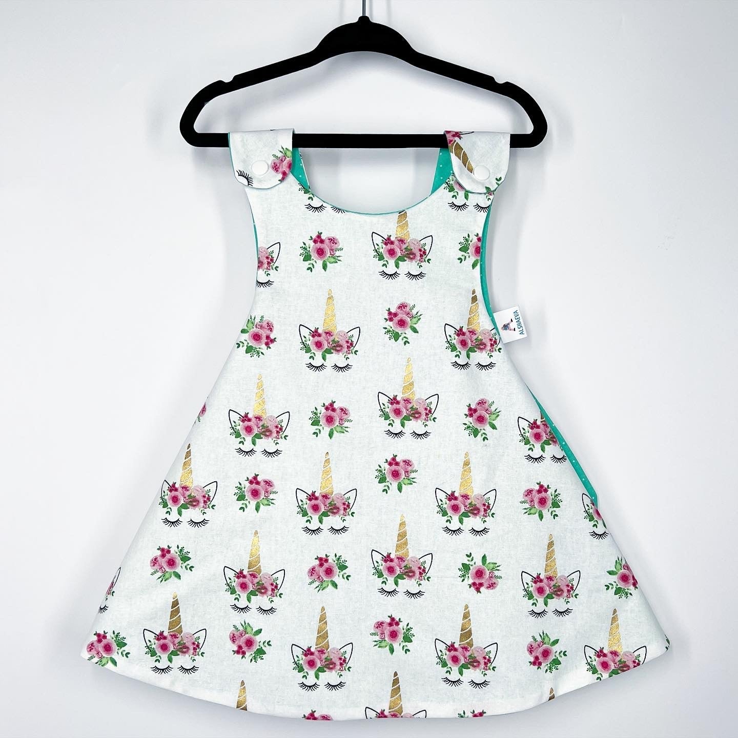 Reversible cotton dress “Unicorns with flowers”