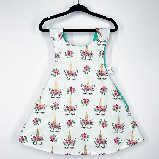 Reversible cotton dress “Unicorns with flowers”