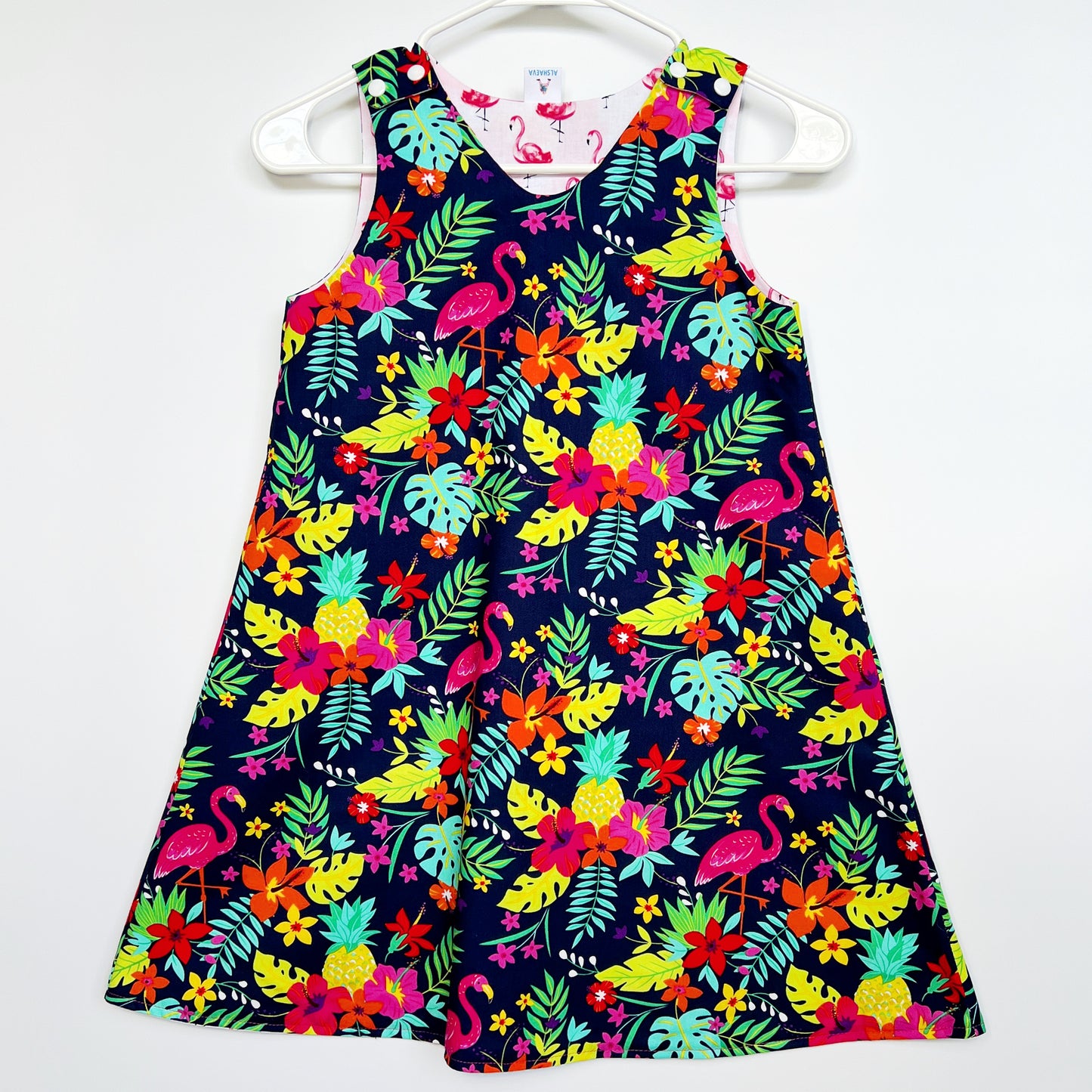 A-line reversible cotton dress "Flamingos"