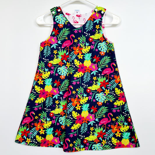 A-line reversible cotton dress "Flamingos"