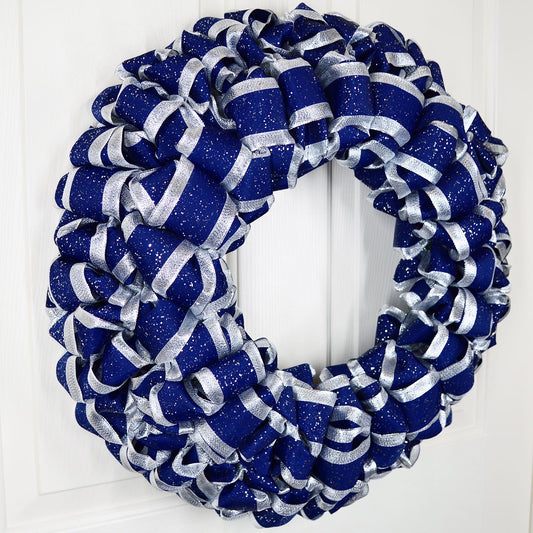 Sparkly blue and silver ribbon wreath “Fireworks”