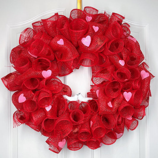 Valentine’s Day mesh ribbon wreath with glitter hearts and birds