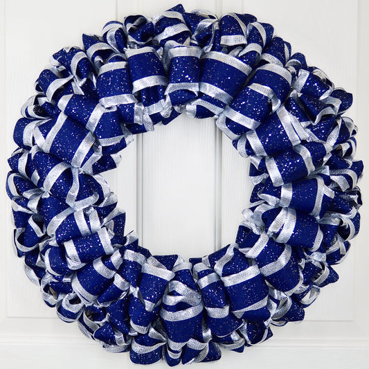 Sparkly blue and silver ribbon wreath “Fireworks”