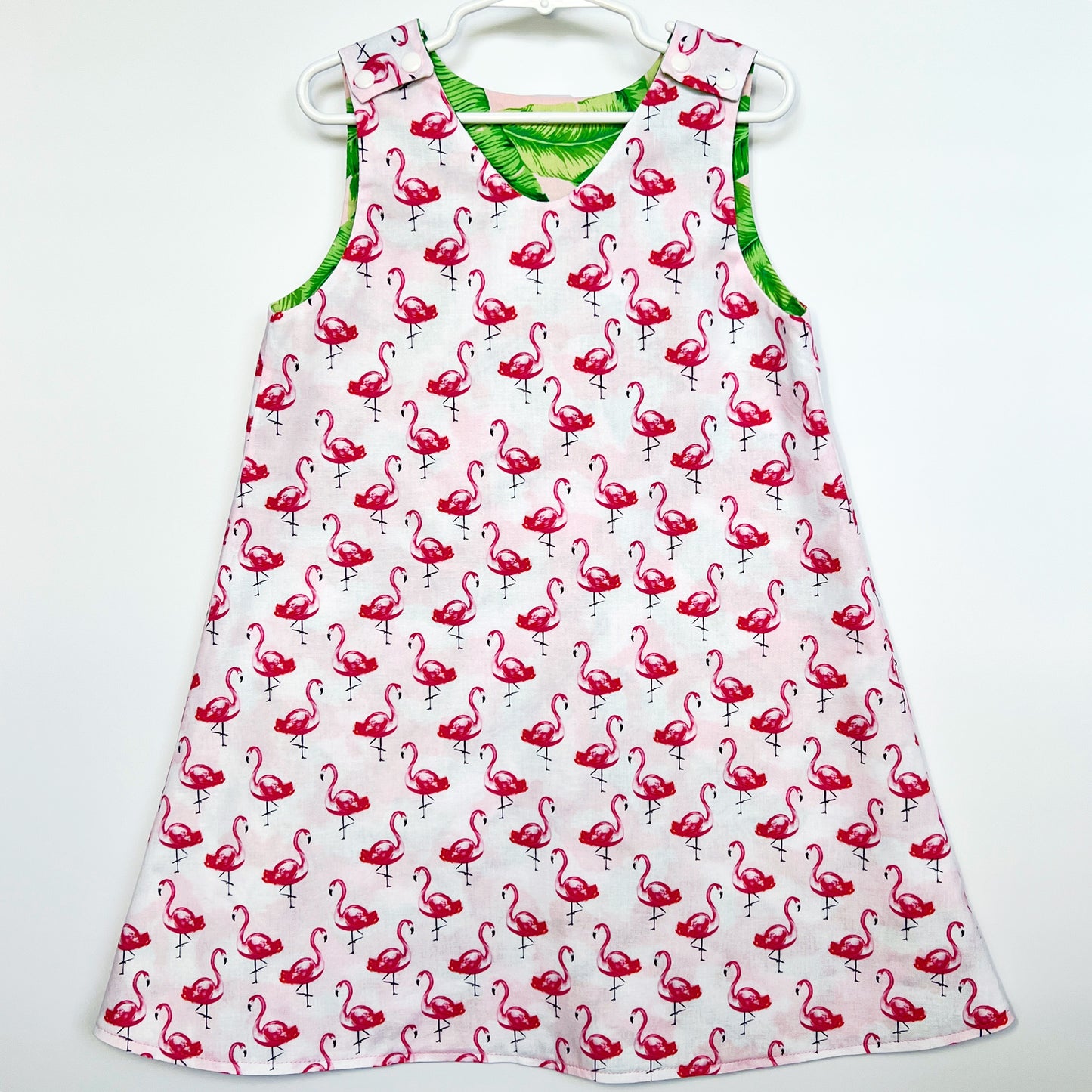 A-line reversible cotton dress "Flamingos and Tropical leaves "